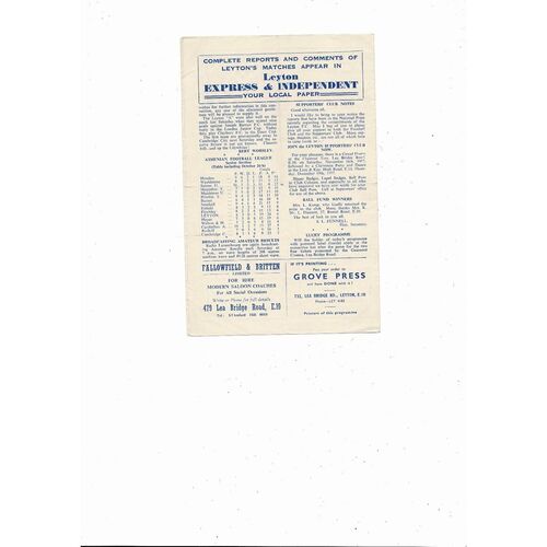 1957/58 Leyton v Southall Athenian League Football Programme