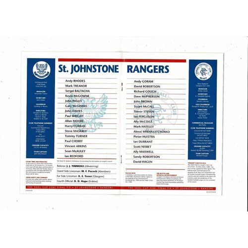 1992/93 St Johnstone v Rangers Scottish League Cup Semi Final Football Programme