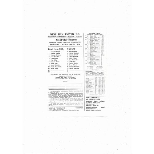 West Ham United v Watford Football Combination Programme 1989/90