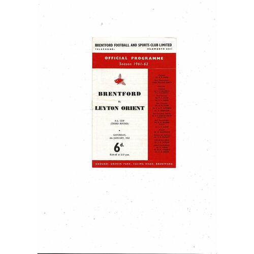 1961/62 Brentford v Leyton Orient FA Cup Football Programme