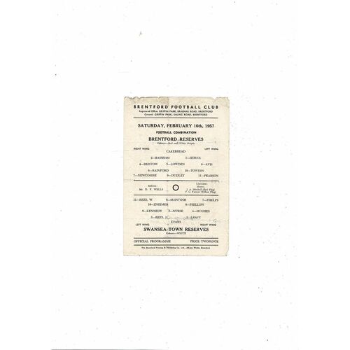 Brentford v Swansea Football Combination Programme 1956/57