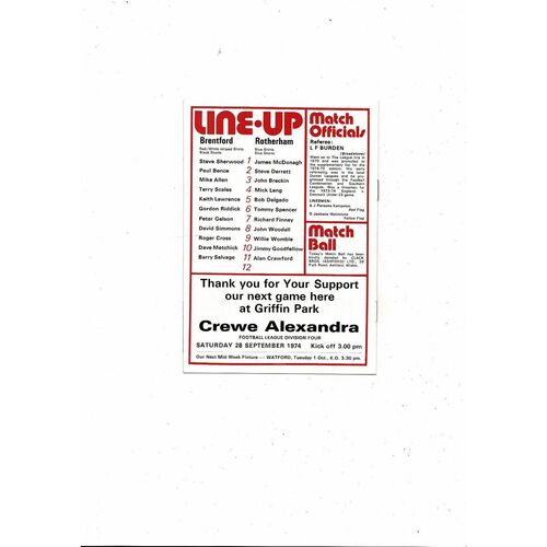 1974/75 Brentford v Rotherham United Football Programme