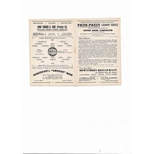 1956/57 Preston v Aston Villa Football Programme