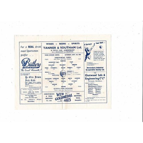 1955/56 Shrewsbury Town v Queens Park Rangers Football Programme