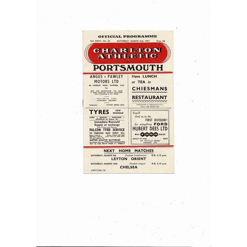 1956/57 Charlton Athletic v Portsmouth Football Programme