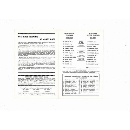 1970/71 Leeds United v Blackburn Rovers Central League Football Programme