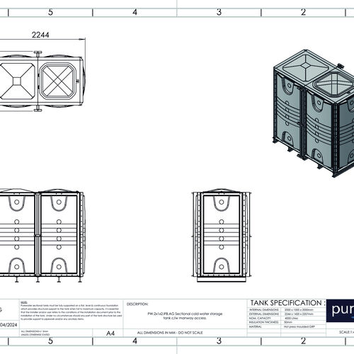 PW.2X1X2.IFB.AG - 4000 LITRE SECTIONAL WATER TANK, INTERNALLY FLANGED BASE (IFB)