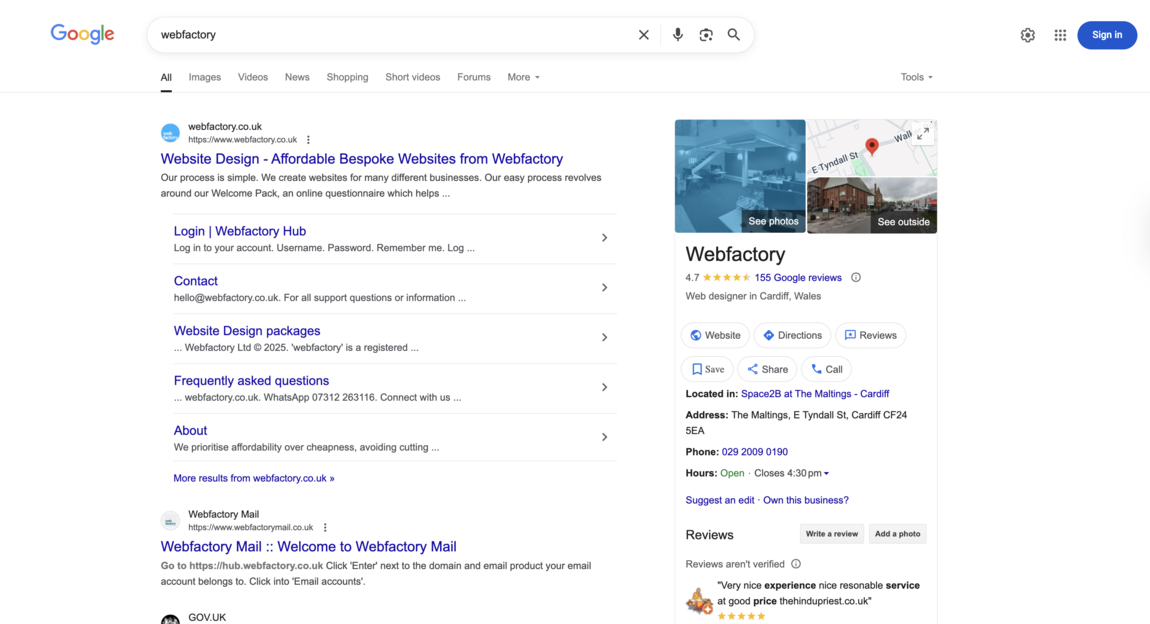 Google search image showing search results for Webfactory
