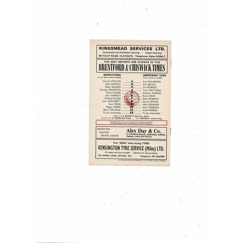 1972/73 Brentford v Shrewsbury Town Football Programme