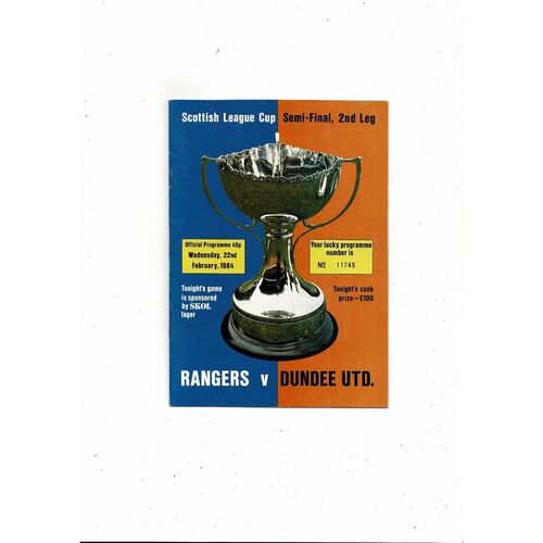 1983/84 Rangers v Dundee United Scottish League Cup Semi Final Programme