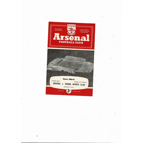 Arsenal v Vienna Friendly Football Programme 1960/61