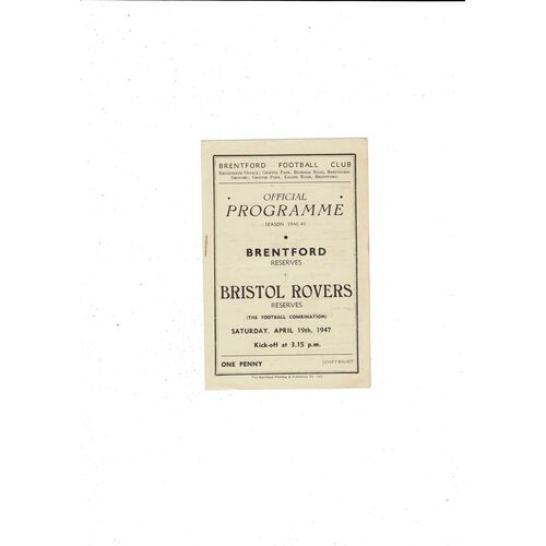 Brentford v Bristol Rovers Football Combination Programme 1946/47