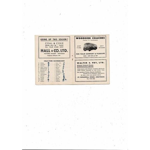 1957/58 Crystal Palace v Swindon Town Football Programme