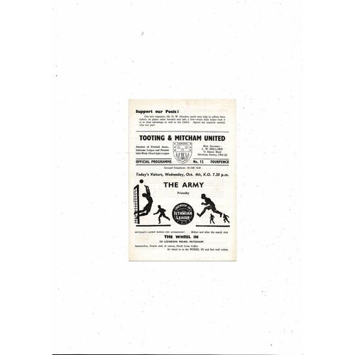 Tooting & Mitcham v The Army Friendly Football Programme 1966/67