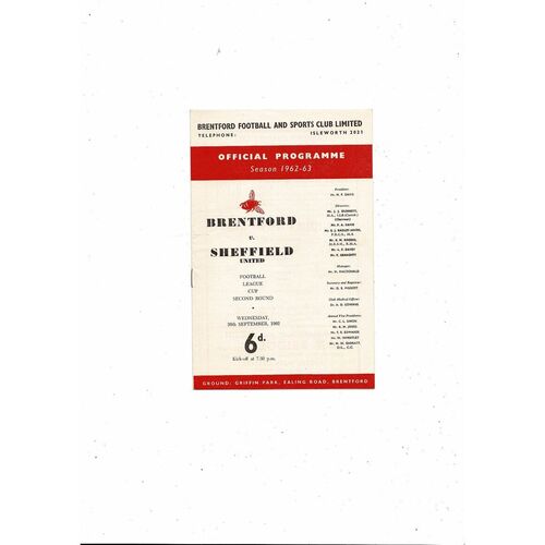 1962/63 Brentford v Sheffield United League Cup Football Programme