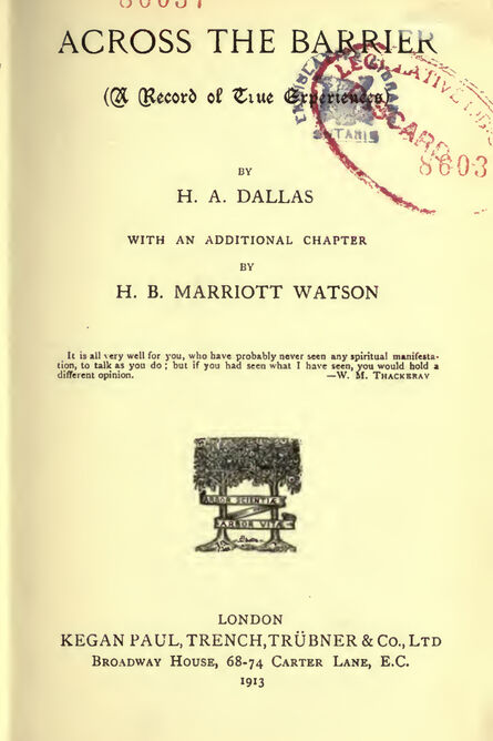 1913 | Across the Barrier a Record of True Experiences
