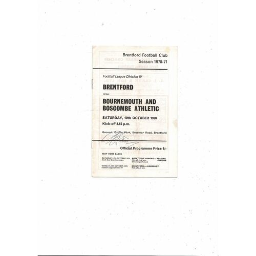 1970/71 Brentford v Bournemouth Football Programme. Autographed