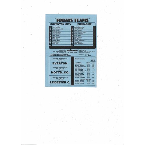 Coventry City v Zimbabwe Friendly Football Programme 1983/84