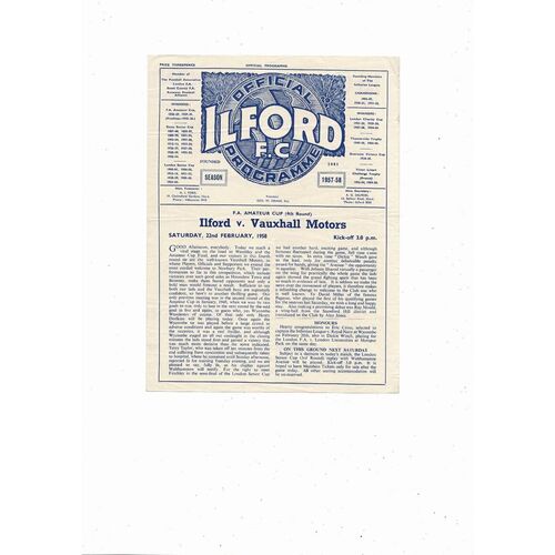 1957/58 Ilford v Vauxhall Motors Amateur Cup Football Programme