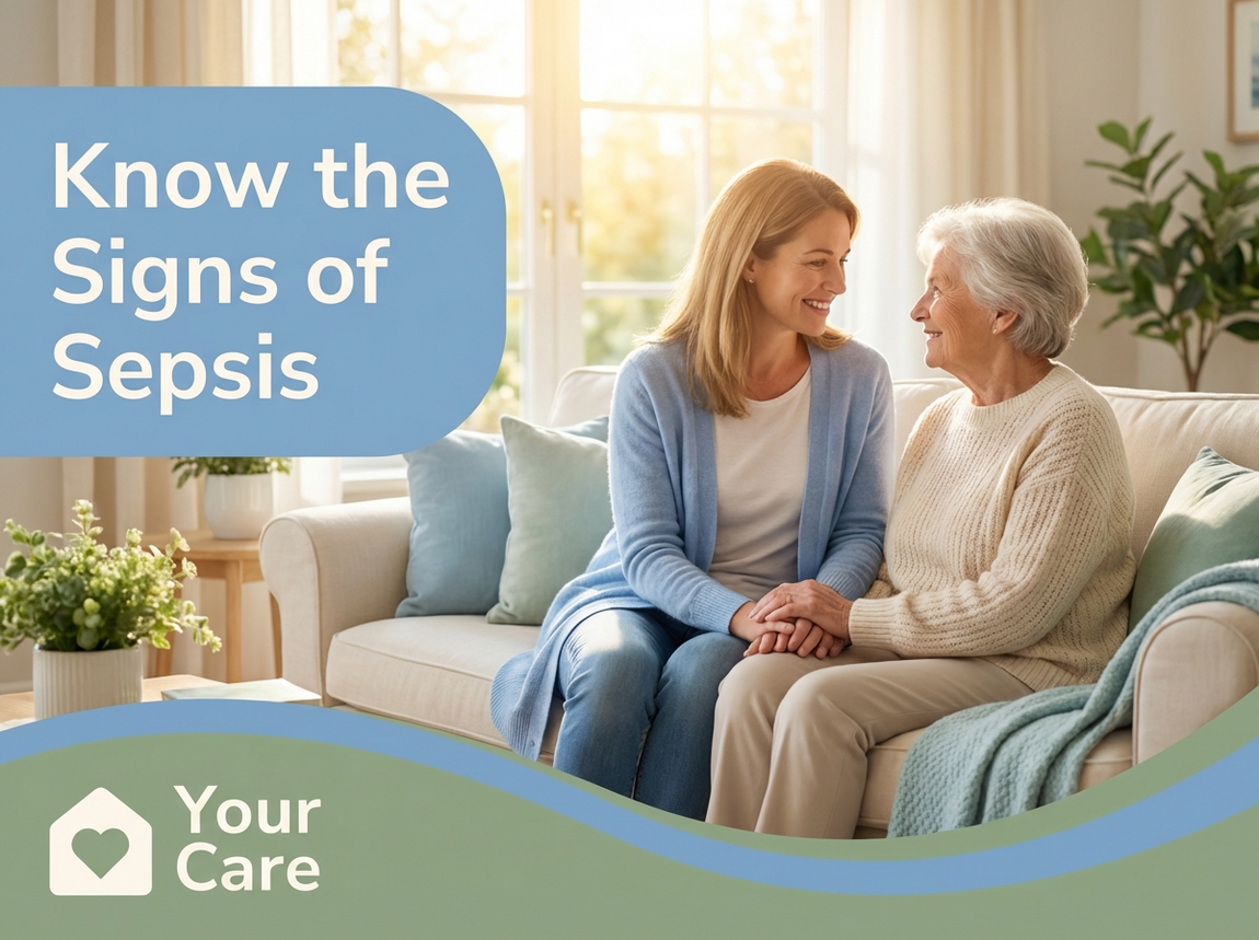 Adult daughter holding hands with elderly mother on a sofa, with 'Know the Signs of Sepsis' text overlay and Your Care logo, representing family-focused care and awareness.