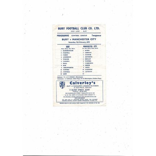 Bury v Manchester City Central League Football Programme 1969/70
