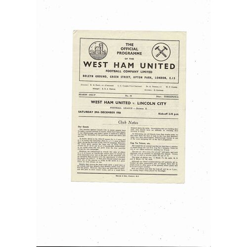 1956/57 West Ham United v Lincoln City Football Programme