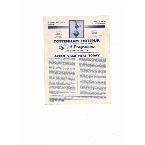 1960/61 Tottenham Hotspur v Aston Villa Football Programme - Spurs Double season