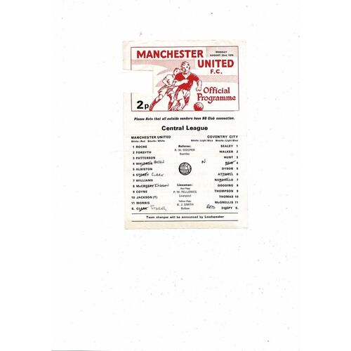 Manchester United v Coventry City Central League Football Programme 1976/77