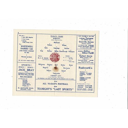 1955/56 Burnley v Cardiff City Football Programme