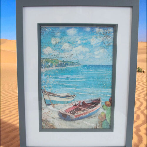 Handmade Decoupage Rowing Boats on Shore Wall Art - Grey Frame
