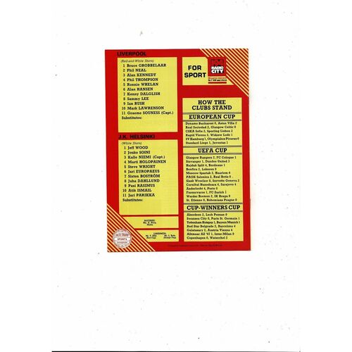 Liverpool v Helsinki European Cup Football Programme 1982/83