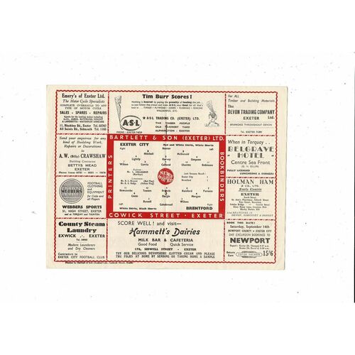 1957/58 Exeter City v Brentford Football Programme