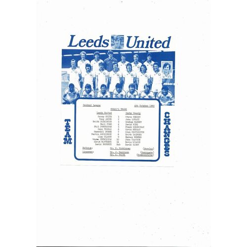 Leeds United v Derby County Central League Football Programme 1980/81