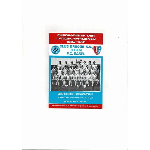 Club Brugge v Basel European Cup Football Programme 1980/81