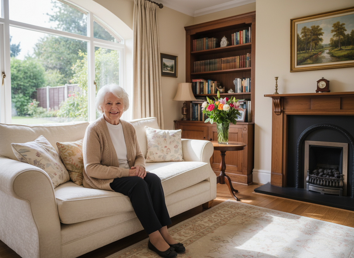 Elderly woman smiling confidently at home, showing the emotional benefit of gentle, dignified personal care support.