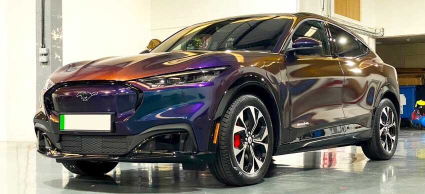Private Ford Mustang Mach-E SUV with glossy purple colour change wrap