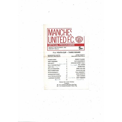 Manchester United v Derby County FA Youth Cup Football Programme 1982/83
