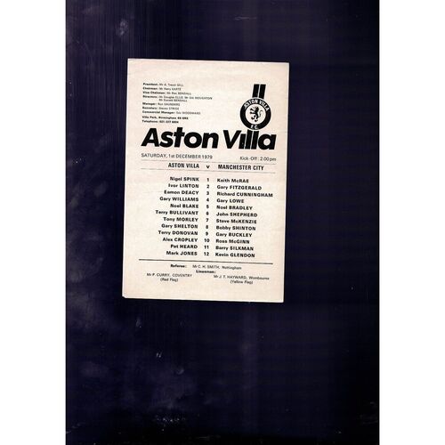 Aston Villa v Manchester City Central League Football Programme 1979/80