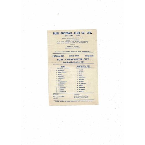 Bury v Manchester City Central League Football Programme 1966/67