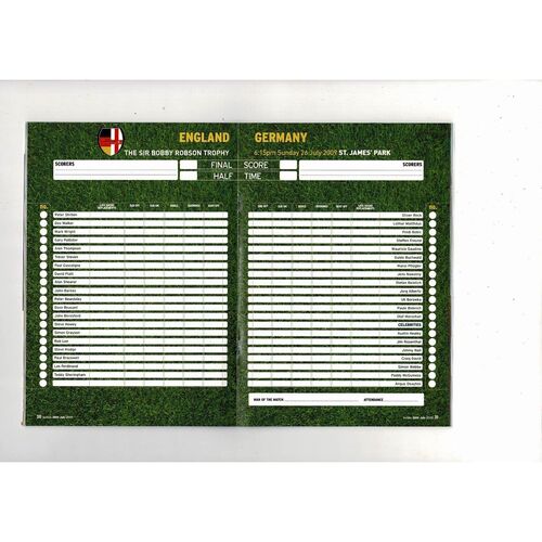 2009 England v Germany Football Programme - Sir Bobby Robson Foundation