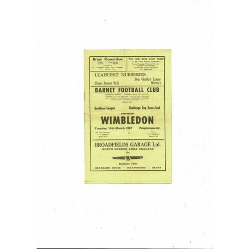 1966/67 Barnet v Wimbledon Challenge Cup Semi Final Football Programme