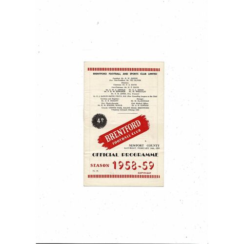 1958/59 Brentford v Newport County Football Programme. Autographed