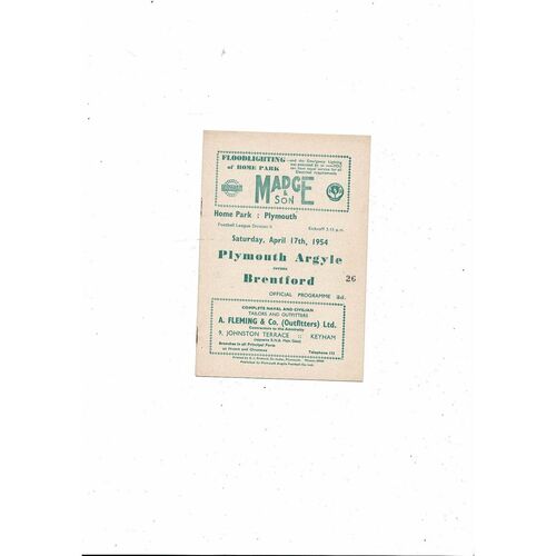 1953/54 Plymouth Argyle v Brentford Football Programme