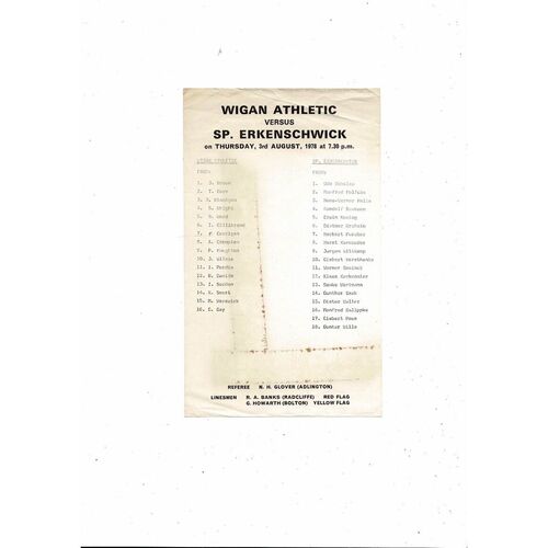 Wigan Athletic v SP. Erkenschwick Friendly Football Programme 1978/79