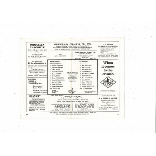 1966/67 Brentford v Barnsley Football Programme