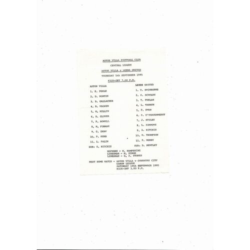 Aston Villa v Leeds United Central League Football Programme 1985/86