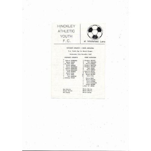 Hinckley Athletic v Crewe Alexandra FA Youth Cup Football Programme 1987/88