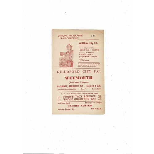 1963/64 Guildford City v Weymouth Football Programme