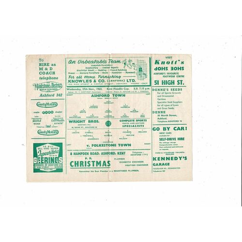 1963/64 Ashford Town v Folkestone Town Kent Floodlit Cup Football Programme