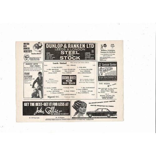 Leeds United v Ujpesti Fairs Cup Football Programme 1965/66